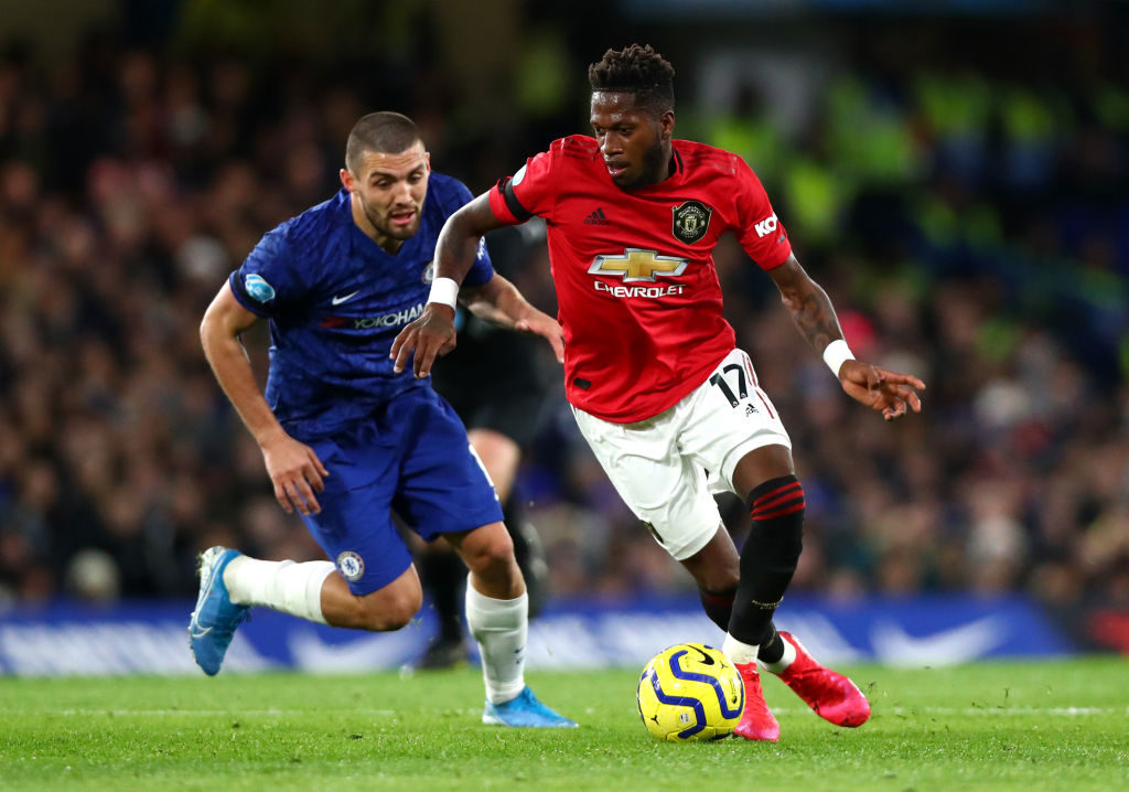 LONDON, ENGLAND - FEBRUARY 17: Mateo Kovacic of Chelsea FC and Fred of Manchester United in action during the Premier League match between Chelsea FC and Manchester United at Stamford Bridge on February 17, 2020 in London, United Kingdom.