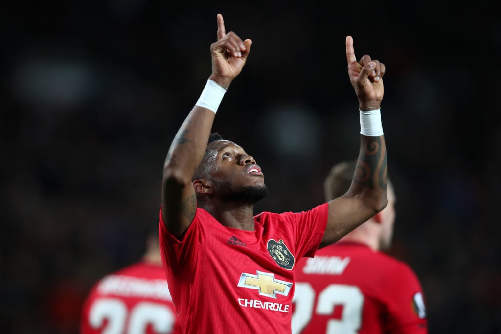 MANCHESTER, ENGLAND - FEBRUARY 27: Fred of Manchester United celebrates after scoring his team's fourth goal during the UEFA Europa League round of 32 second leg match between Manchester United and Club Brugge at Old Trafford on February 27, 2020 in Manchester, United Kingdom.