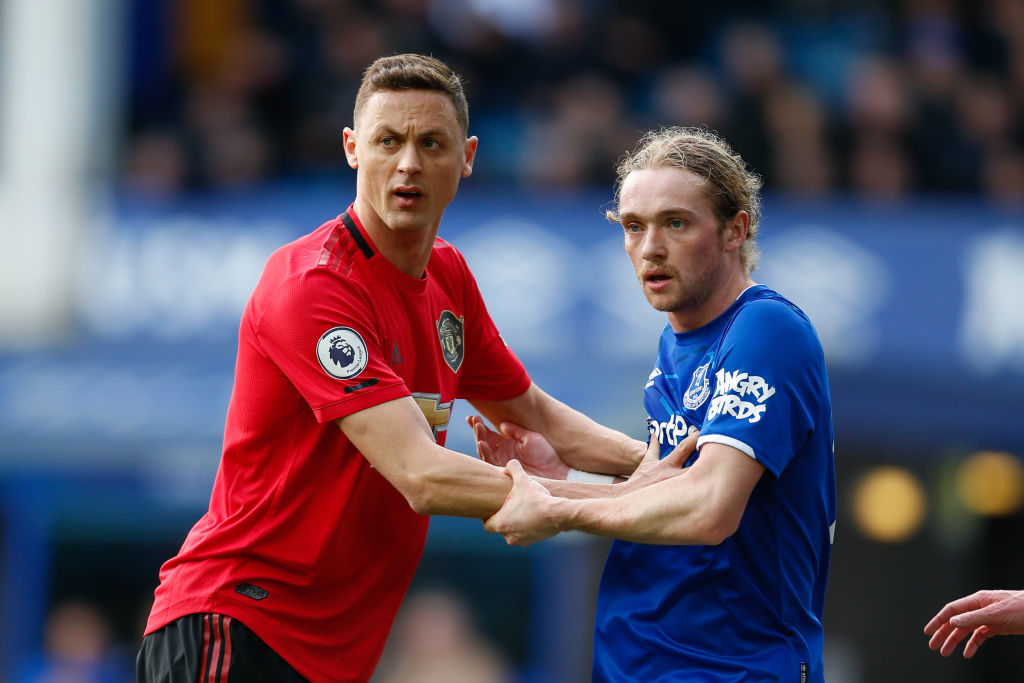 LIVERPOOL, ENGLAND - MARCH 01: Nemanja Matic of Manchester United and Tom Davies of Everton FC during the Premier League match between Everton FC and Manchester United at Goodison Park on March 1, 2020 in Liverpool, United Kingdom.