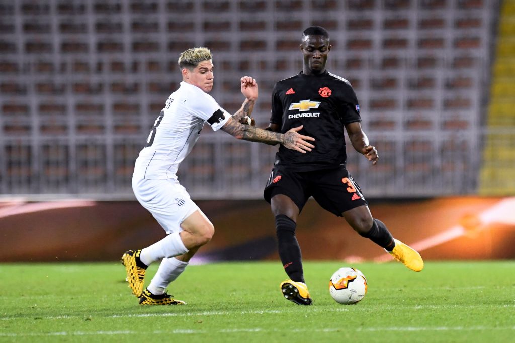 LINZ, AUSTRIA - MARCH 12: Dominik Frieser of LASK competes for the ball with Eric Bailly of Manchester United during UEFA Europa League Round of 16: First Leg match between LASK and Manchester United at Stadion der Stadt Linz on March 12, 2020 in Linz, Austria. (Photo by Franz Kirchmayr/SEPA.Media /Getty Images)