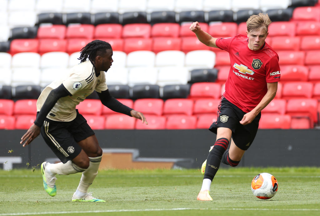 (EXCLUSIVE COVERAGE) Brandon Williams and Aaron Wan-Bissaka of Manchester United in action during a first team training session at Old Trafford on ...