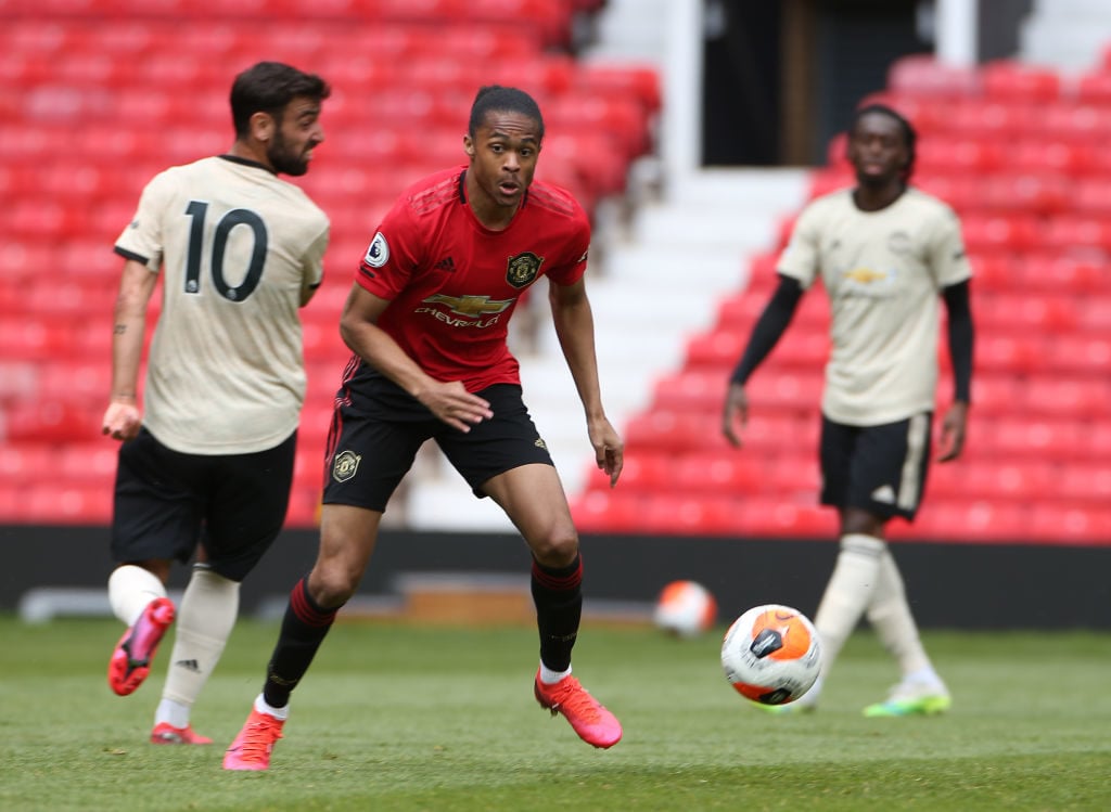 (EXCLUSIVE COVERAGE) Tahith Chong of Manchester United in action during a first team training session at Old Trafford on June 06, 2020 in Mancheste...