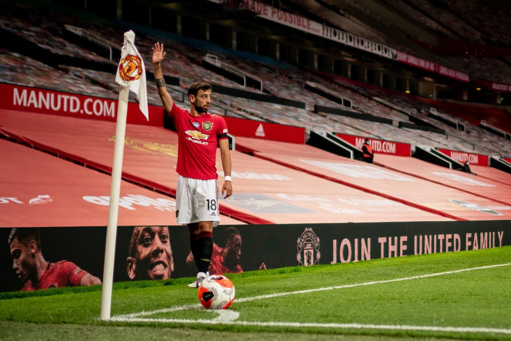 Bruno Fernandes of Manchester United prepares to take a corner during the Premier League match between Manchester United and Southampton FC at Old ...