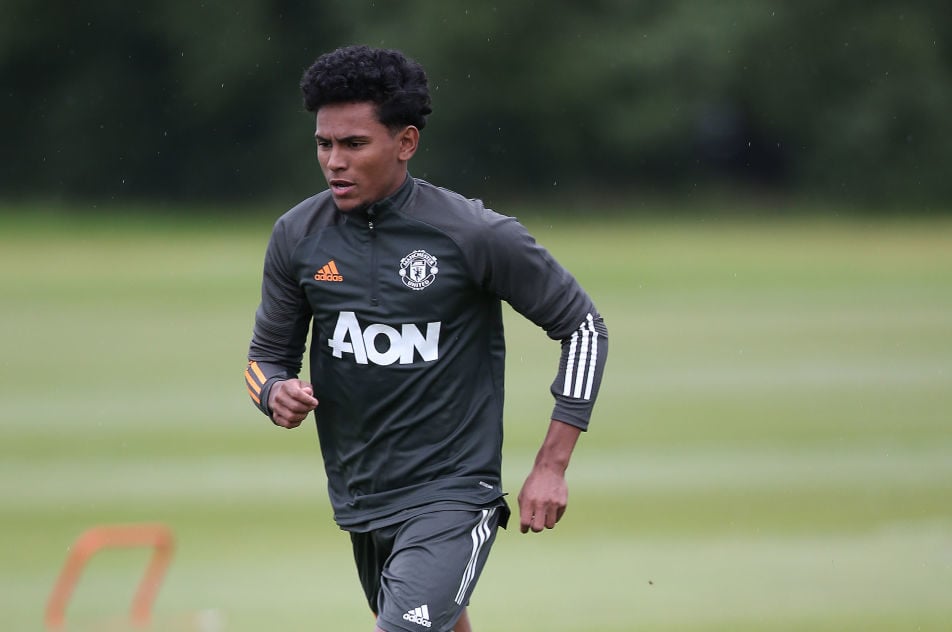 (EXCLUSIVE COVERAGE) Demetri Mitchell of Manchester United U23s in action during a training session at Aon Training Complex on July 22, 2020 in Man...