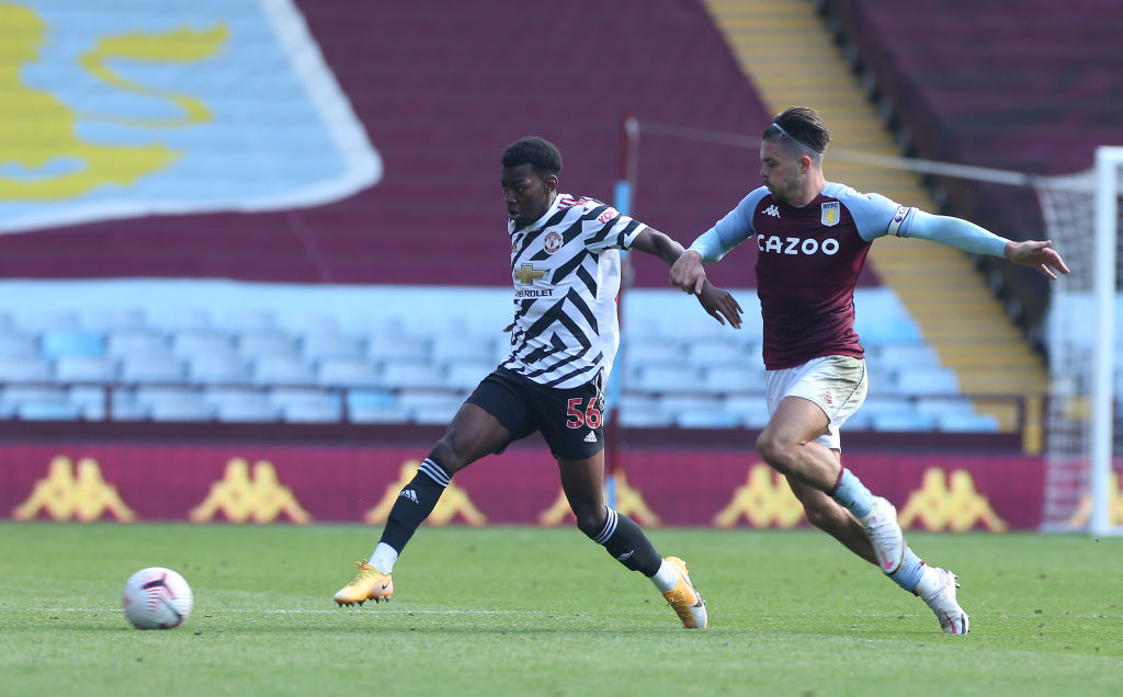 Anthony Elanga of Manchester United in action during a pre-season friendly match between Aston Villa and Manchester United at Villa Park on Septemb...