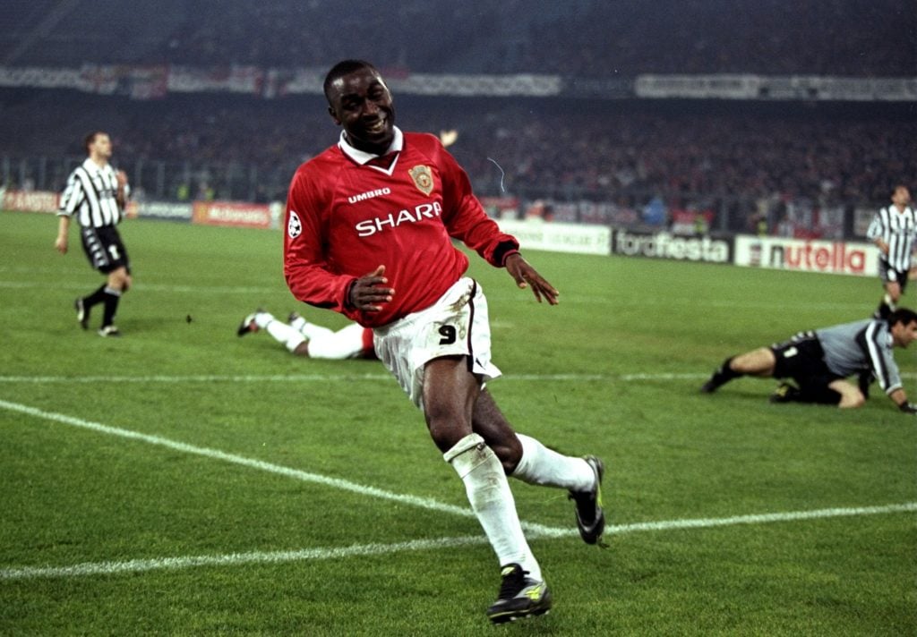 Andy Cole of Manchester United wheels away in delight after scoring the winner in the UEFA Champions League semi-final second leg match against Juv...