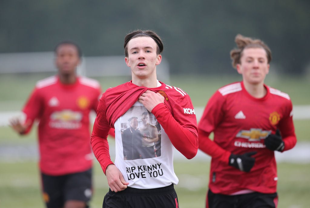 BLACKBURN, ENGLAND - JANUARY 23: (EXCLUSIVE COVERAGE)  Charlie McNeill of Manchester United U18s celebrates scoring their first goal during the U18s Premier League match between Blackburn Rovers U18s and Manchester United U18s on January 23, 2021 in Blackburn, England.