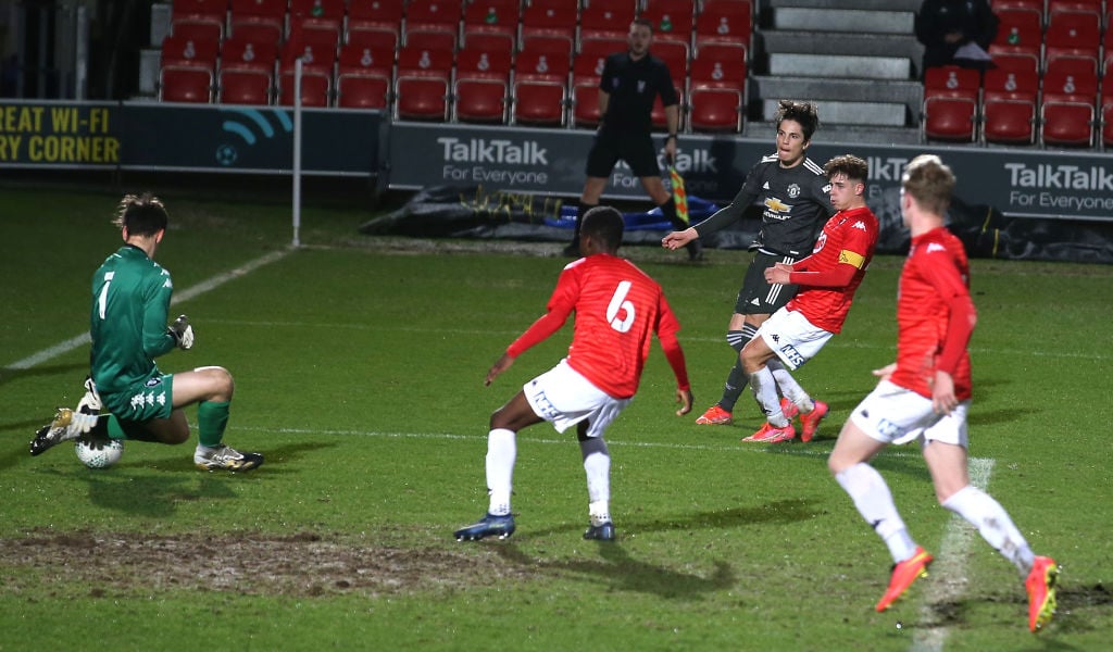 SALFORD, ENGLAND - MARCH 10: Alejandro Garnacho of Manchester United U18s in action during the FA Youth Cup match between Salford City U18s and Manchester United U18s at Peninsula Stadium on March 10, 2021 in Salford, England.