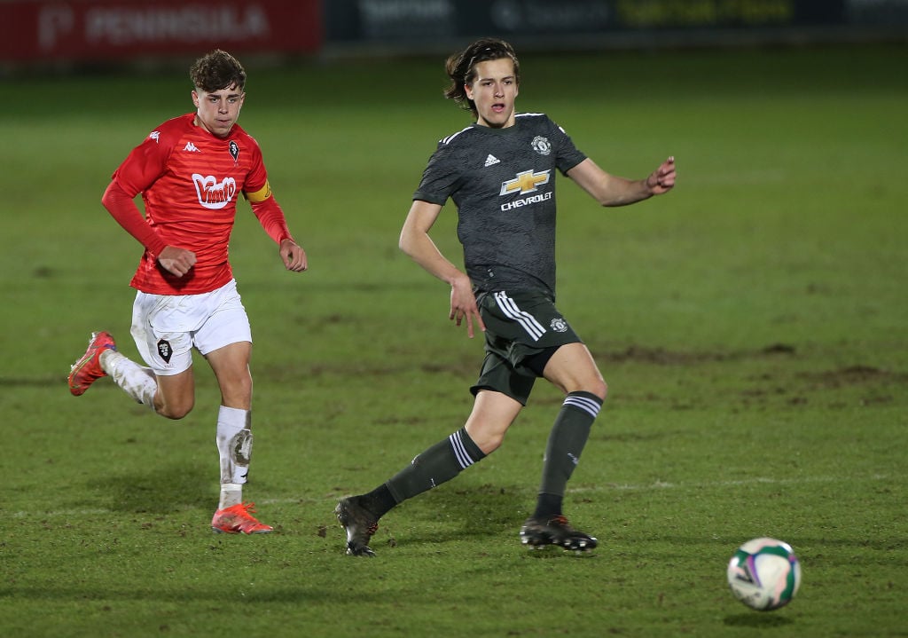 SALFORD, ENGLAND - MARCH 10: Alvaro Fernandez of Manchester United U18s in action during the FA Youth Cup match between Salford City U18s and Manchester United U18s at Peninsula Stadium on March 10, 2021 in Salford, England. 