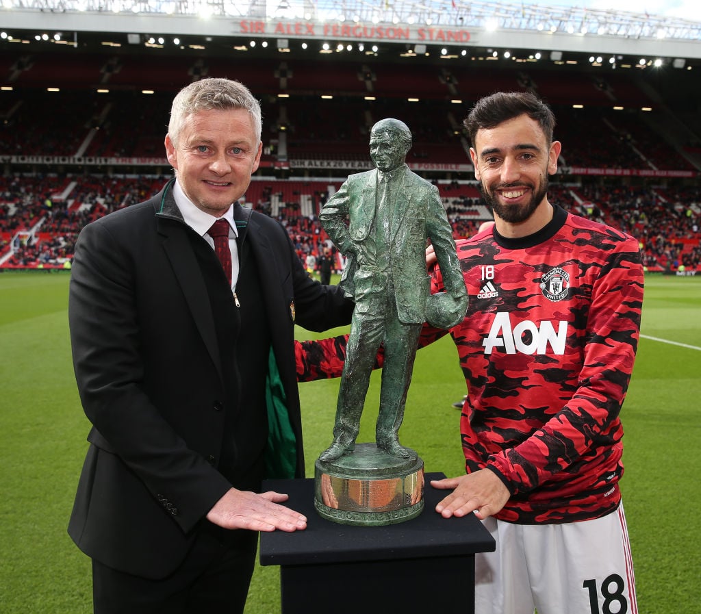 Bruno Fernandes of Manchester United poses with the Sir Matt Busby Player of the Year award