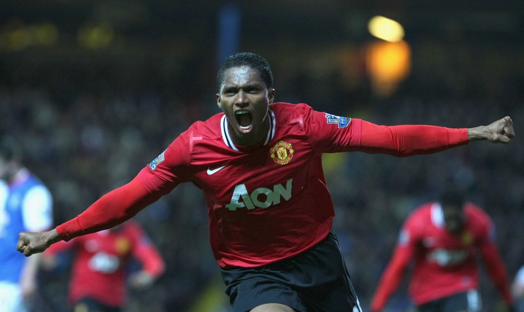 Antonio Valencia of Manchester United celebrates scoring their first goal during the Barclays Premier League match between Blackburn Rovers and Man...