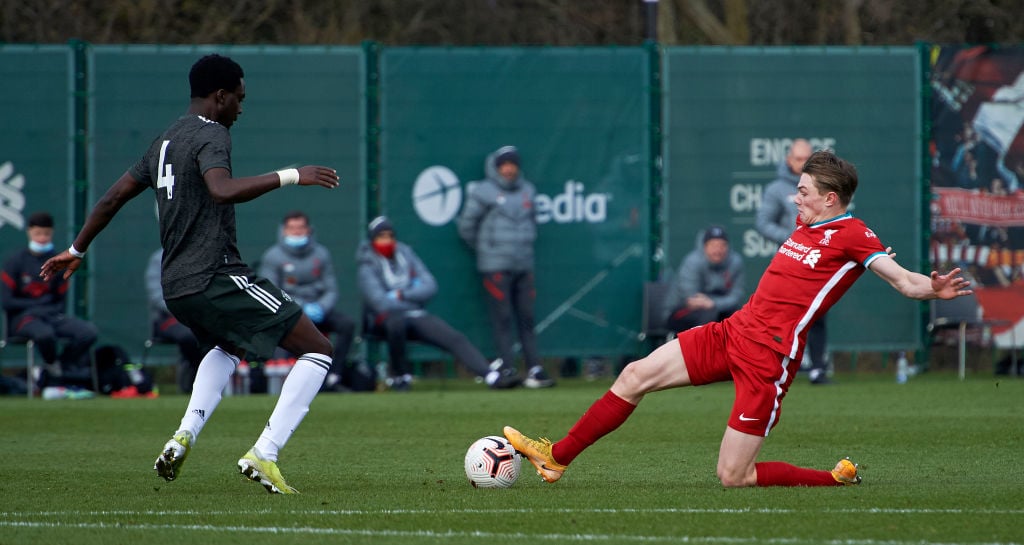 (THE SUN OUT, THE SUN ON SUNDAY OUT) Ethan Ennis of Liverpool and Bjorn Hardley of Manchester United in action during the U18 Premier League game b...