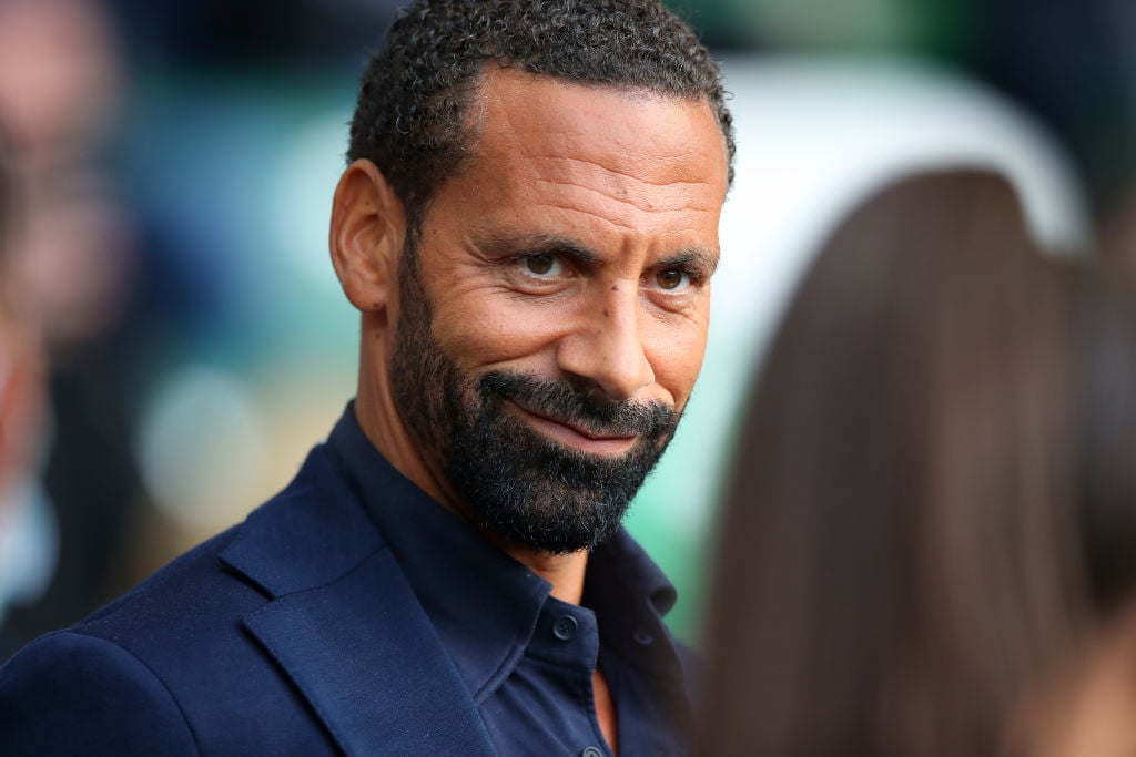 Rio Ferdinand working as a pundit for BT Sport Television during the UEFA Super Cup 2021 Final between Chelsea FC and Villarreal CF at Windsor Park...