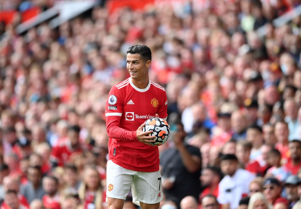 Cristiano Ronaldo of Manchester United smiles during the Premier League match between Manchester United and Newcastle United at Old Trafford on Sep...