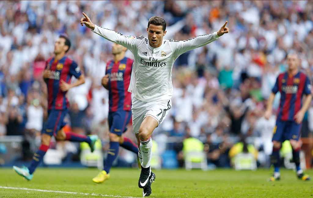 Cristiano Ronaldo of Real Madrid celebrates during the La Liga match between Real Madrid CF and FC Barcelona at Estadio Santiago Bernabeu on Octobe...