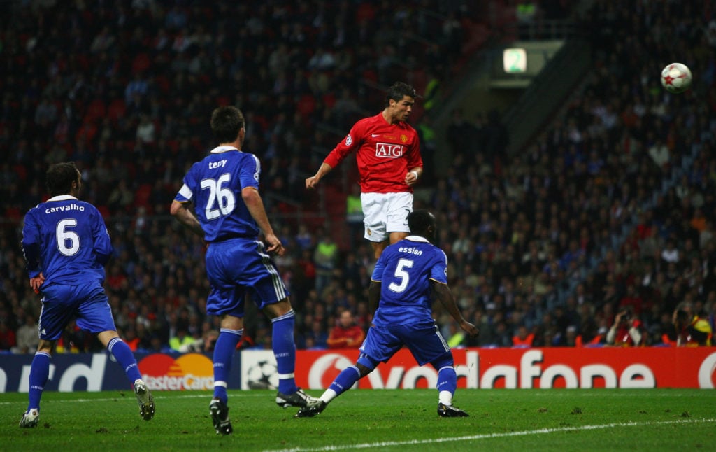 Cristiano Ronaldo of Manchester United heads the opening goal during the UEFA Champions League Final match between Manchester United and Chelsea at...