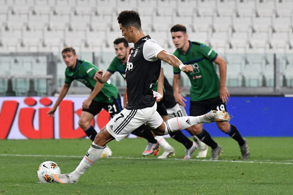 Cristiano Ronaldo of Juventus scores on penalty the goal of 1-1 during the Serie A football match between Juventus FC and Atalanta BC . Play resume...