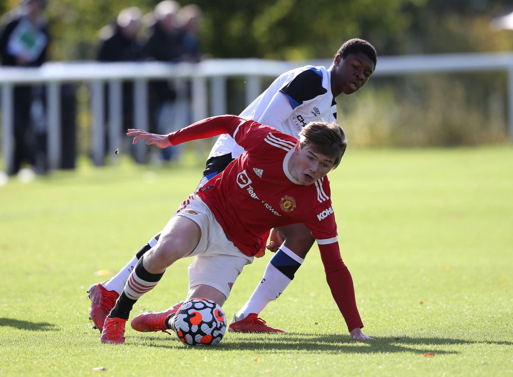 Ethan Ennis of Manchester United U18s in action during the U18 Premier League match between Derby County U18s and Manchester United U18s at Derby C...