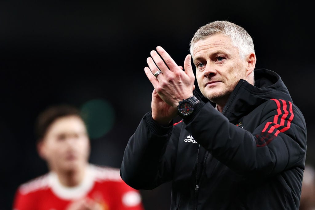 Ole Gunnar Solskjaer, Manager of Manchester United acknowledges the fans after the Premier League match between Tottenham Hotspur and Manchester Un...