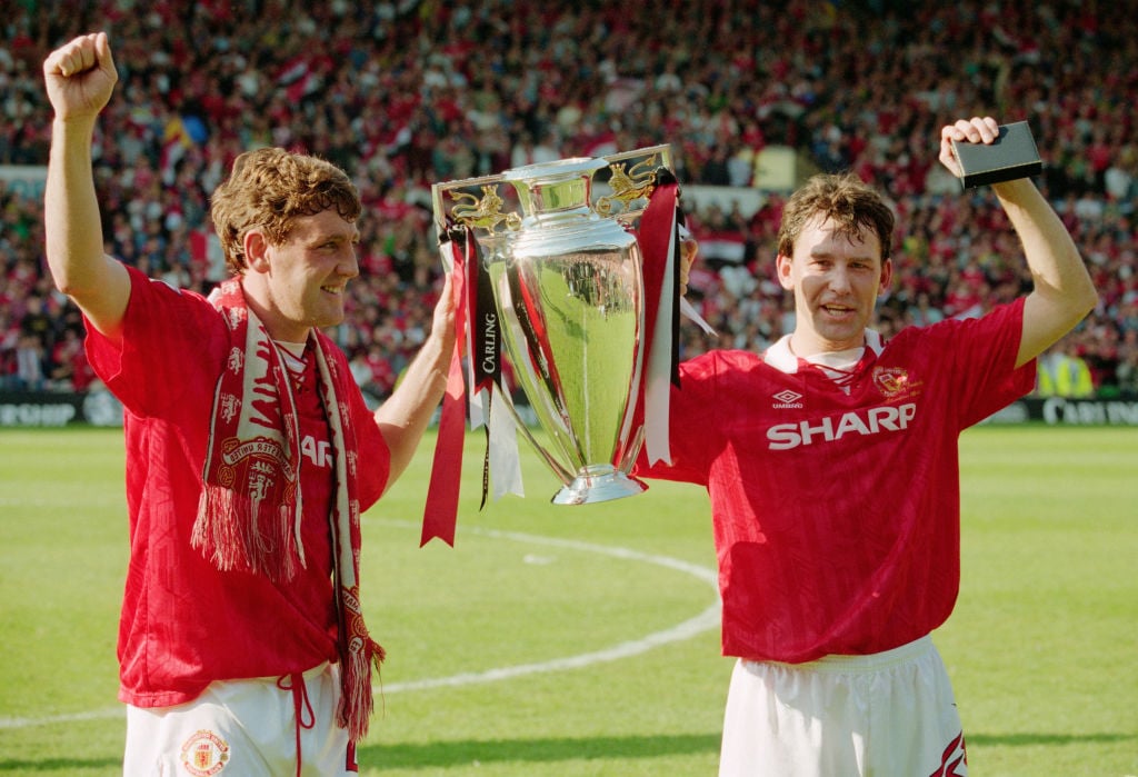 Steve Bruce and Bryan Robson with the FA Carling Premiership Trophy 1994