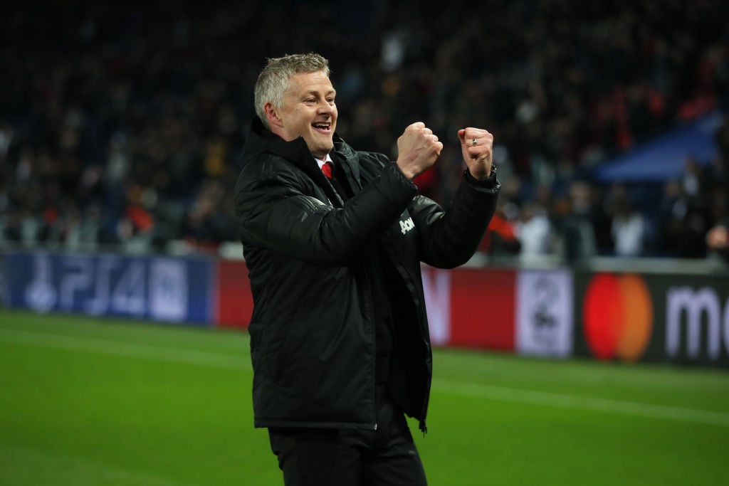 Manchester United Head Coach / Manager Ole Gunnar Solskjaer celebrates at the end of the UEFA Champions League Round of 16 Second Leg match between...