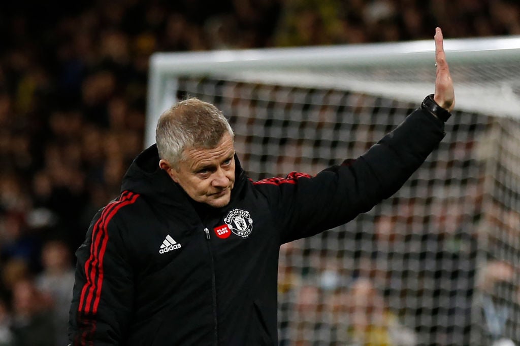 Manchester United's Norwegian manager Ole Gunnar Solskjaer reacts at the final whistle during the English Premier League football match between Wat...