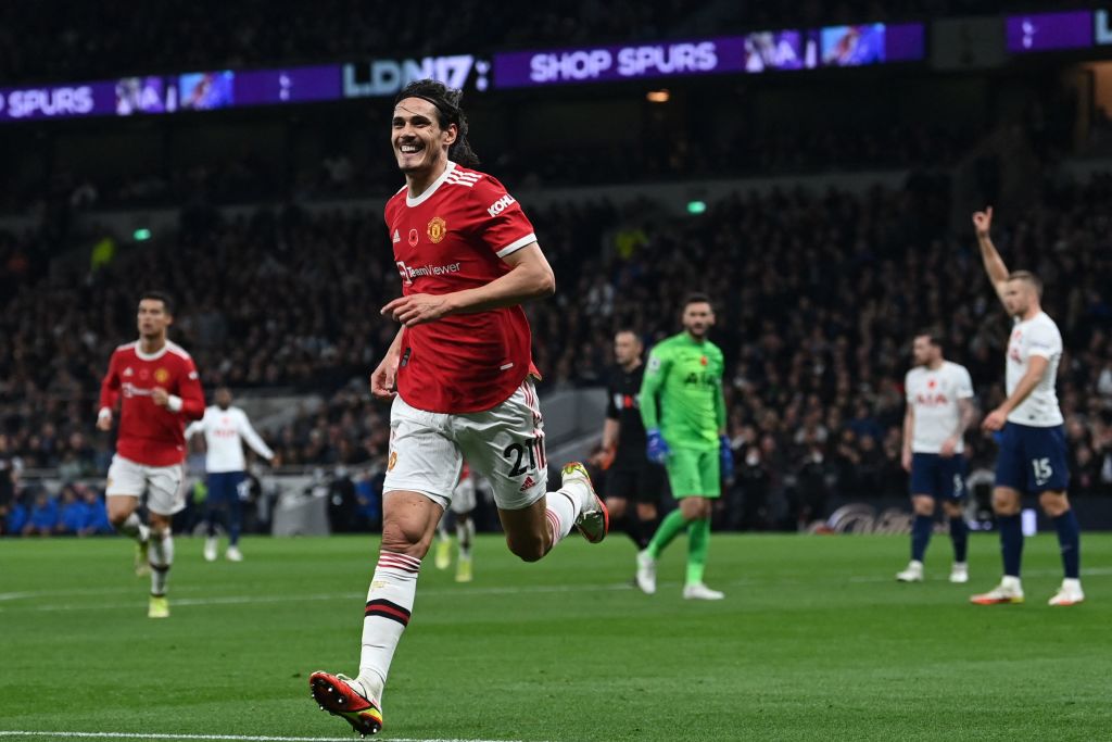 Manchester United's Uruguayan striker Edinson Cavani celebrates after scoring their second goal during the English Premier League football match be...