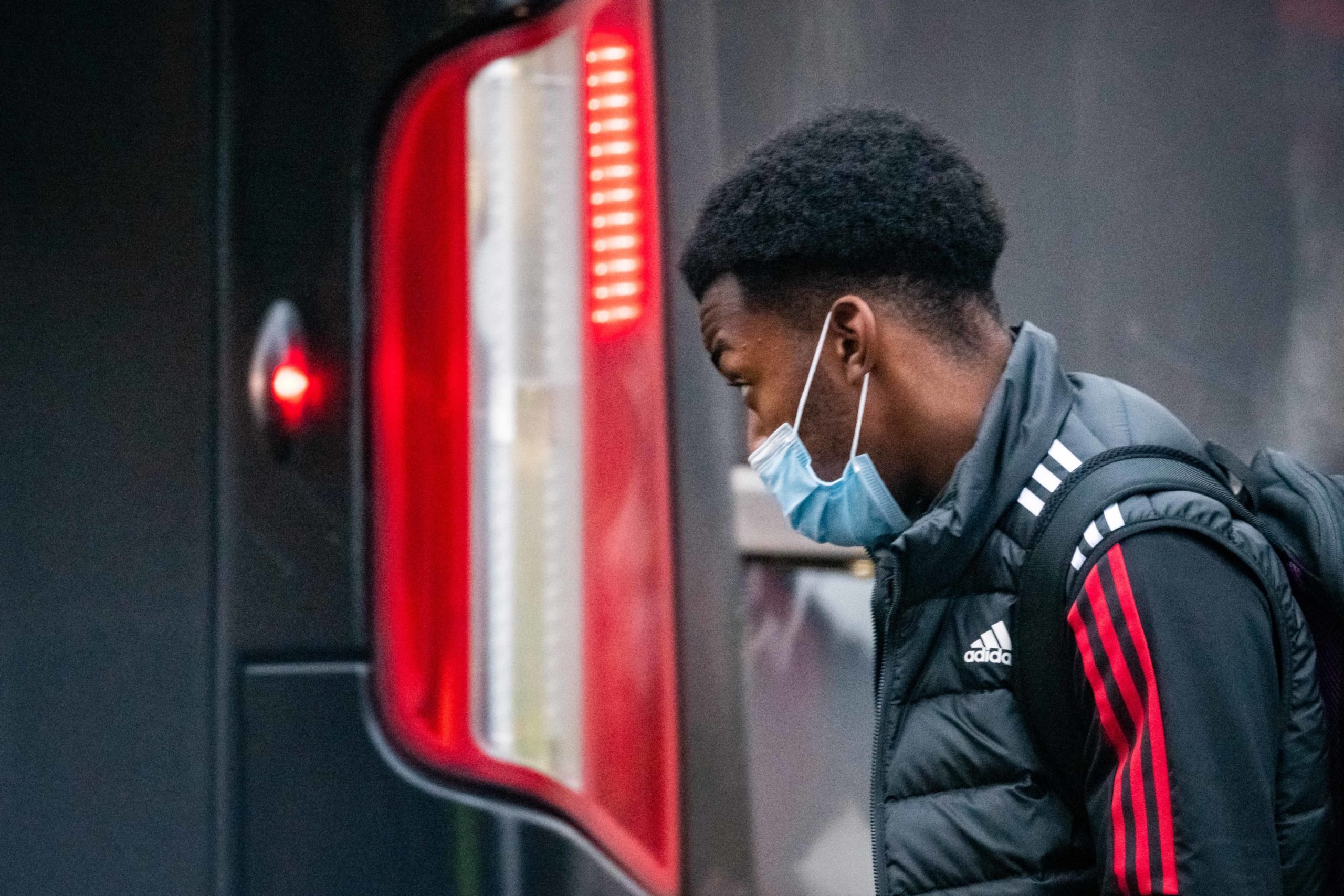 Anthony Elanga of Manchester United arrives ahead of the Premier League match between Aston Villa and Manchester United at Villa Park on January 15...