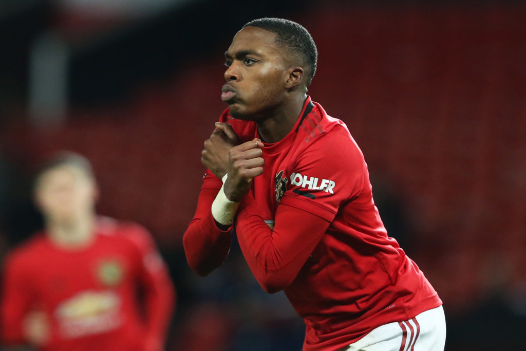 Deji Sotona celebrates goal for Manchester United under-18s