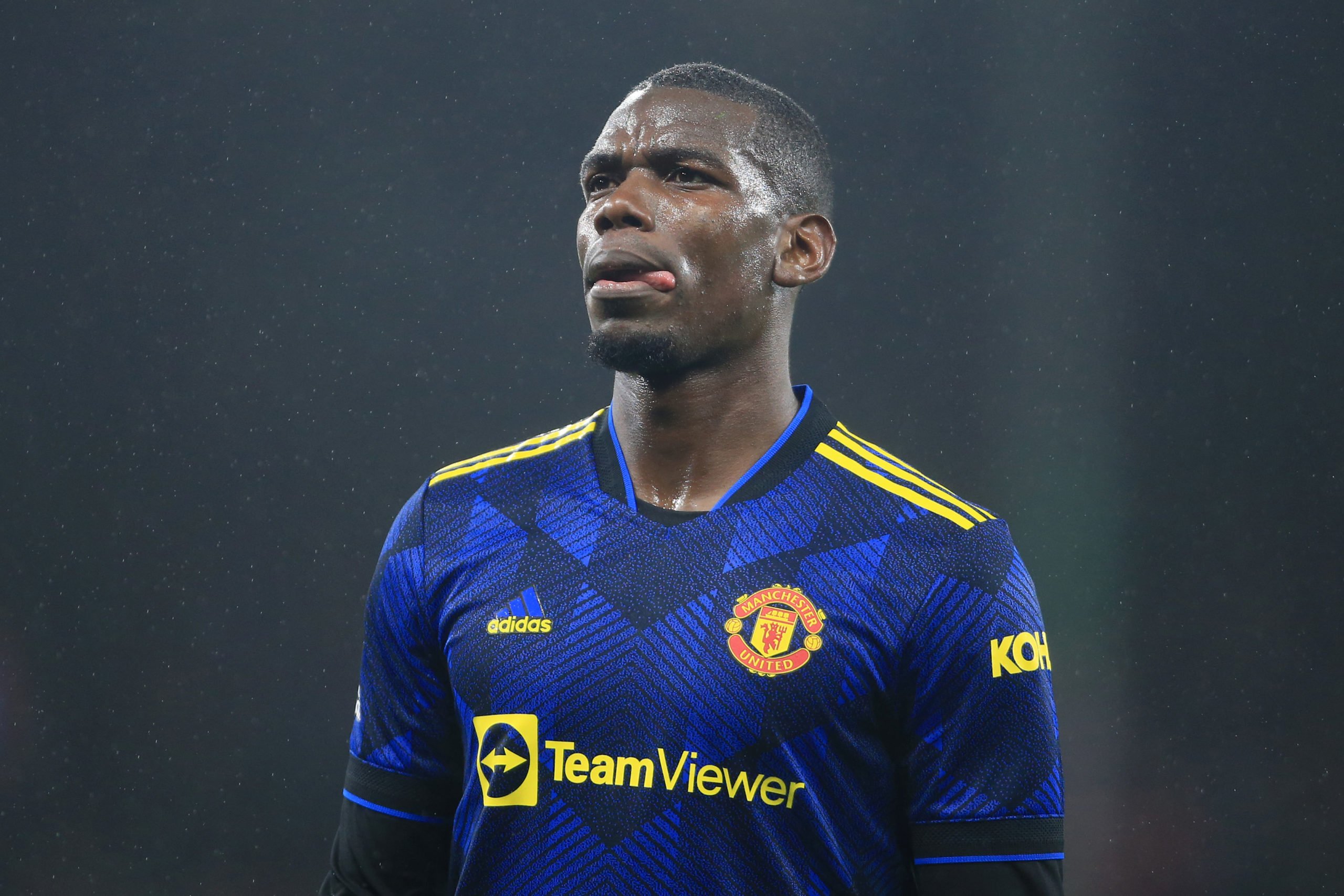 Paul Pogba of Manchester United looks on during the Premier League match between Burnley and Manchester United at Turf Moor on February 8, 2022 in ...