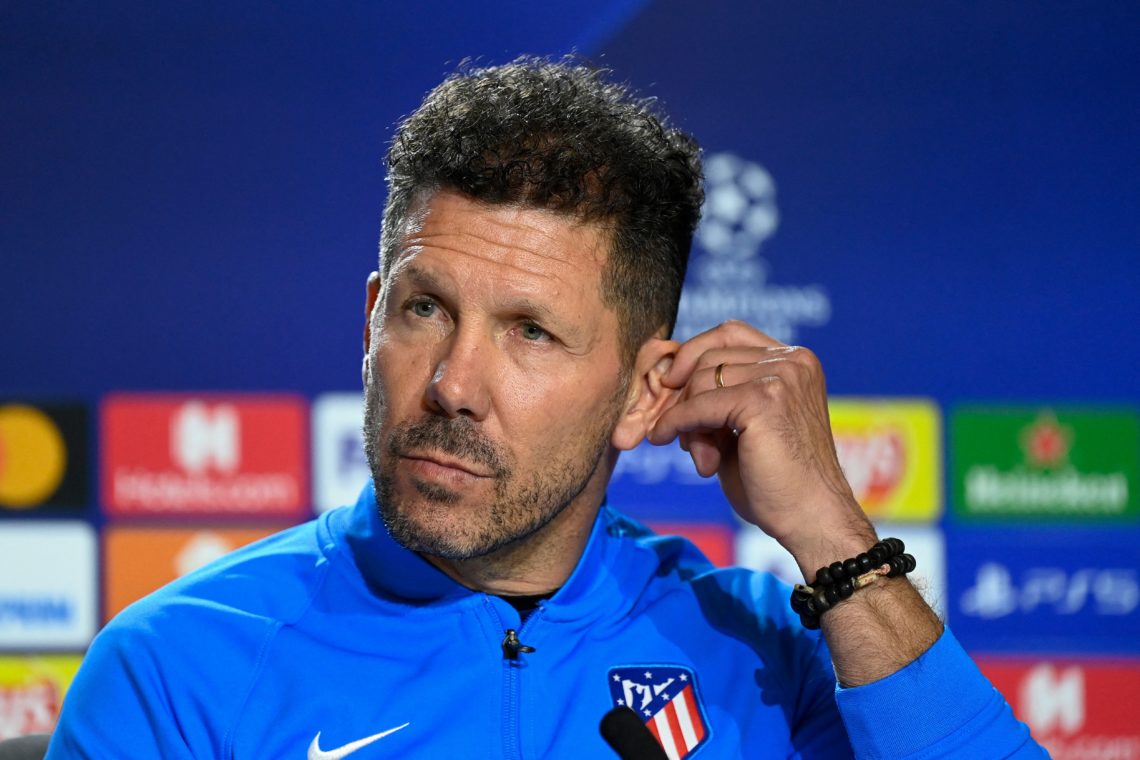 Atletico Madrid's Argentinian coach Diego Simeone addresses a press conference in Madrid on February 22, 2022, on the eve of their UEFA Champions L...