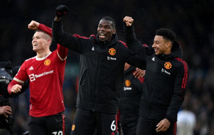 Paul Pogba and Jesse Lingard (R) of Manchester United celebrate after victory in the Premier League match between Leeds United and Manchester Unite...