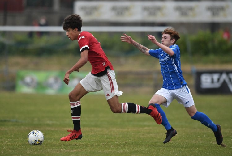 Ethan Wheatley of Manchester United during the Super Cup NI under-16 match between Manchester United and Coleraine on July 26, 2021 in Portstewart,...