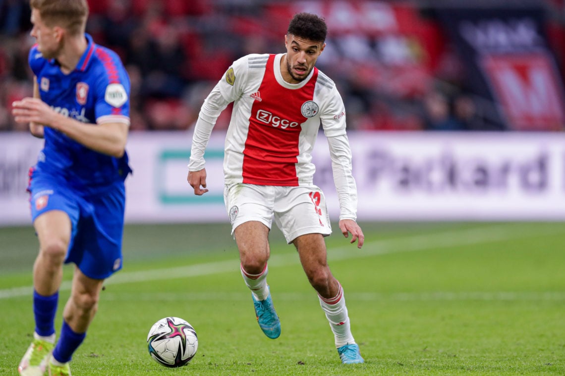 Noussair Mazraoui of Ajax during the Dutch Eredivisie match between Ajax and FC Twente at Johan Cruijff Arena on February 13, 2022 in Amsterdam, Ne...