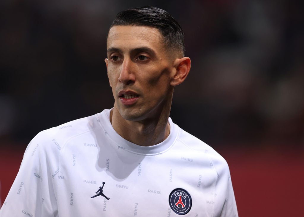 Angel Di Maria of PSG looks on during the warm up prior to the Ligue 1 Uber Eats match between OGC Nice and Paris Saint Germain at Allianz Riviera ...