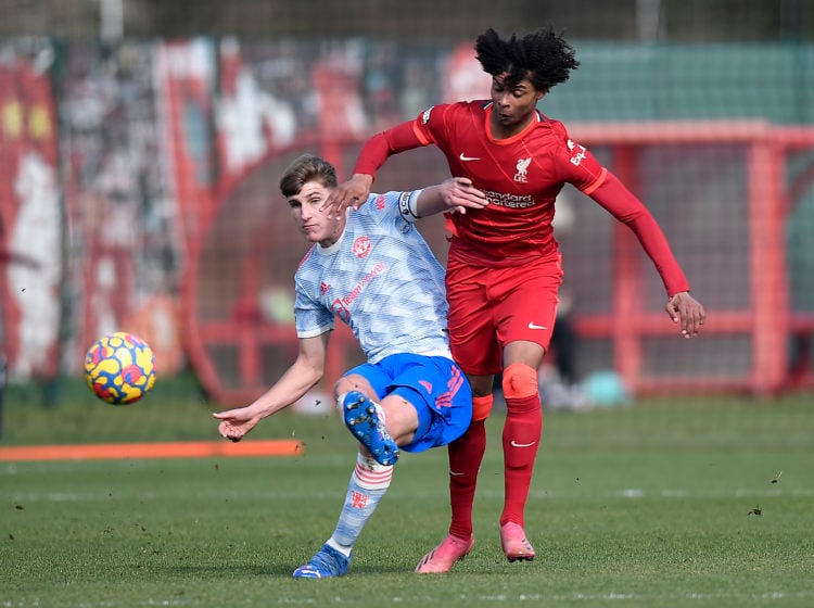 Rhys Bennett of Manchester United U18s in action during the U18s Premier League match between Liverpool U18s and Manchester United U18s at AXA Trai...