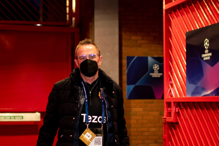 Manchester United Head Coach / Manager Ralf Rangnick arrives prior to the UEFA Champions League Round Of Sixteen Leg Two match between Manchester U...