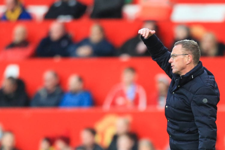 Manchester United German Interim head coach Ralf Rangnick reacts during the English Premier League football match between Manchester United and Lei...