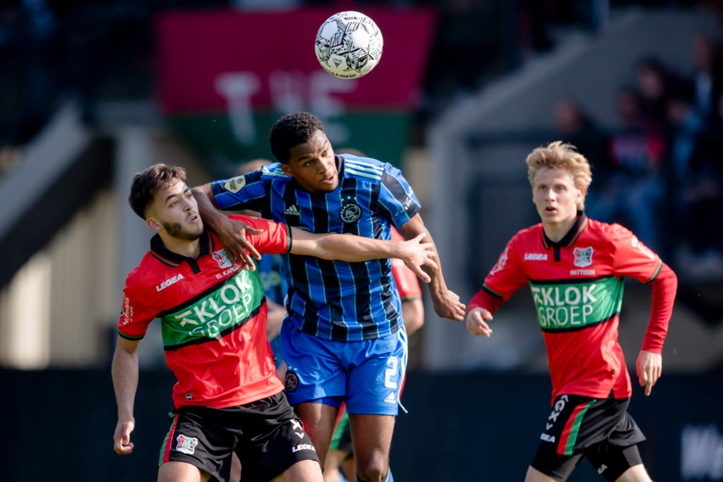 (L-R) Souffian El Karouani of NEC Nijmegen, Jurrien Timber of Ajax  during the Dutch Eredivisie  match between NEC Nijmegen v Ajax at the Goffert S...