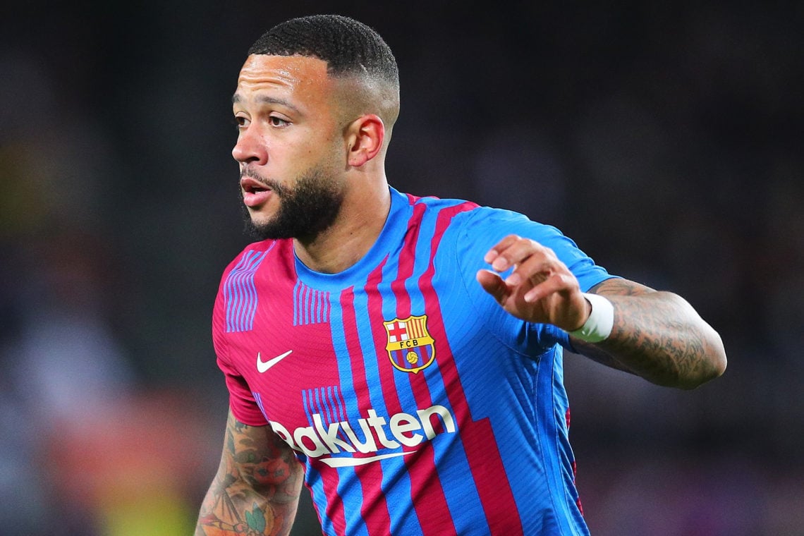 Memphis Depay FC Barcelona looks on during the LaLiga Santander match between FC Barcelona and Sevilla FC at Camp Nou on April 03, 2022 in Barcelon...