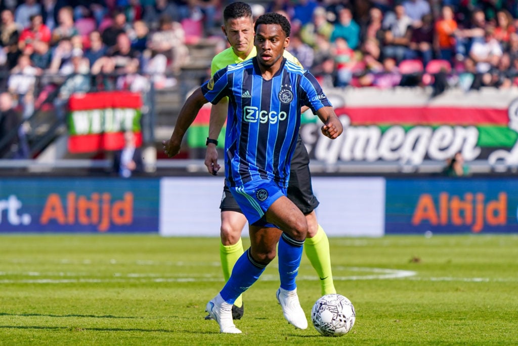 Jurrien Timber of Ajax during the Dutch Eredivisie match between NEC Nijmegen and Ajax at Het Goffertstadion on April 23, 2022 in Nijmegen, Netherl...