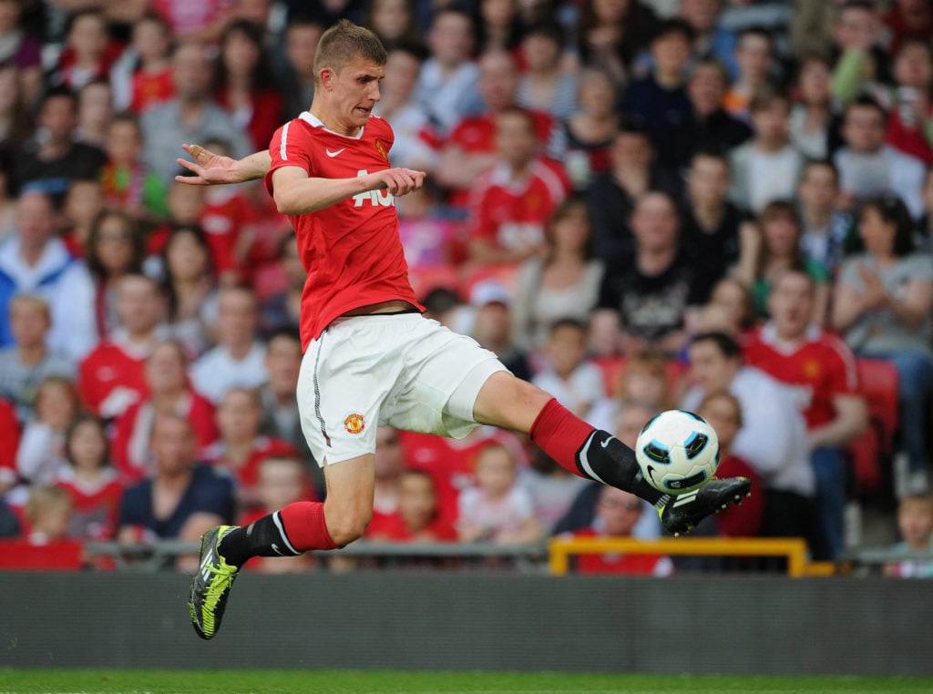 Sean McGinty of Manchester United plays the ball during the FA Youth Cup Semi Final 2nd Leg between Manchester United and Chelsea at Old Trafford o...