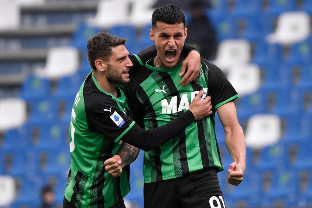 Gianluca Scamacca of US Sassuolo (r) celebrates with