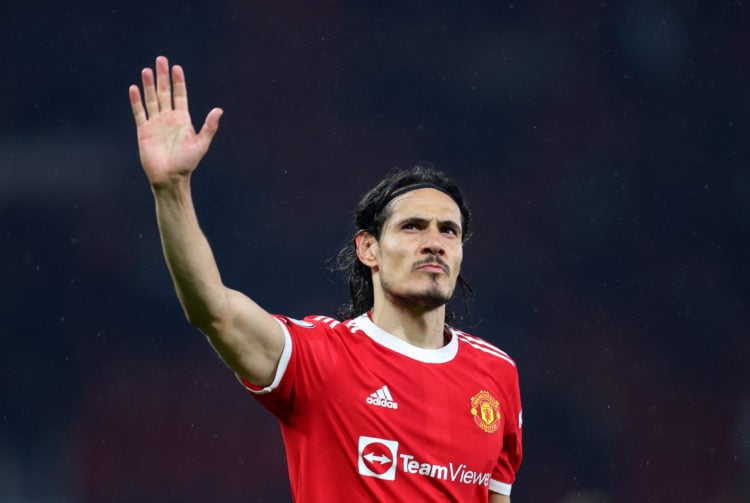 Edinson Cavani of Manchester United acknowledges the fans after the Premier League match between Manchester United and Brentford at Old Trafford on...