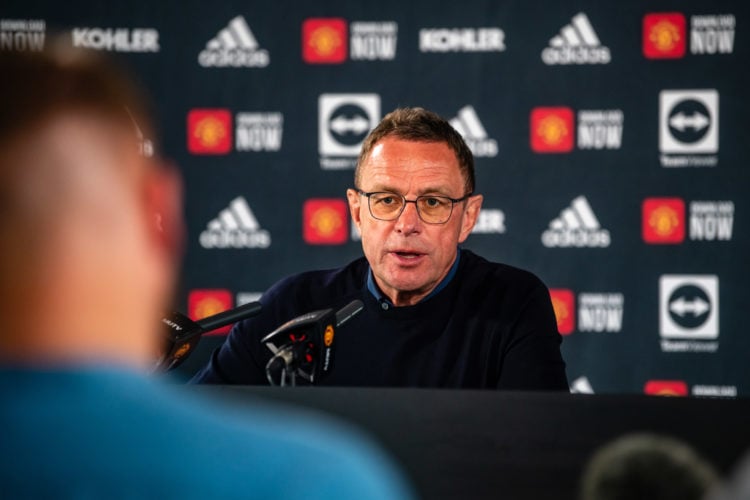 (EXCLUSIVE COVERAGE) Interim Manager Ralf Rangnick of Manchester United speaks during a press conference at Carrington Training Ground on May 06, 2...