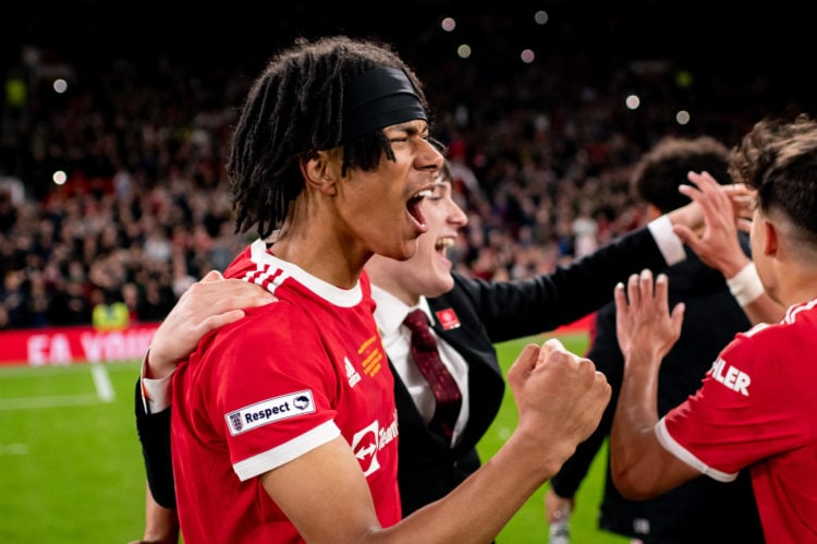 Maxi Oyedele, Manni Norkett of Manchester United U18s celebrate after the FA Youth Cup Final between Manchester United U18s and Nottingham Forest U...