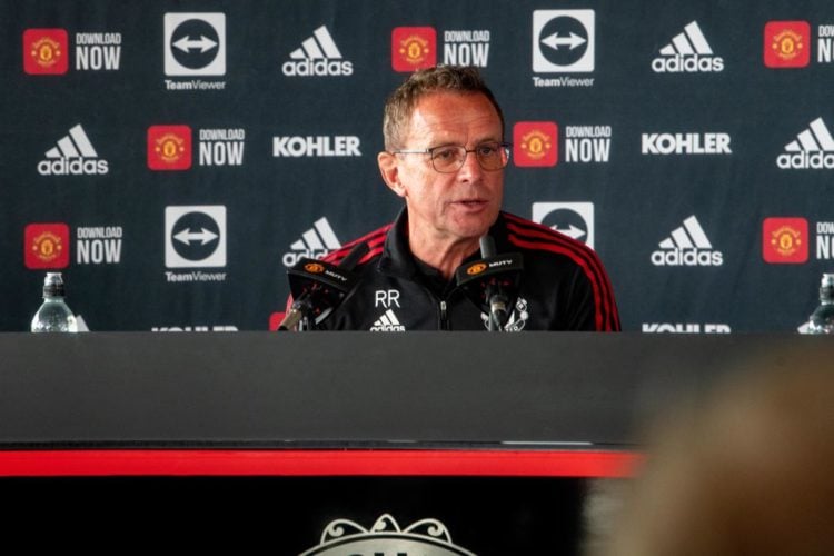 (EXCLUSIVE COVERAGE)  Interim Manager Ralf Rangnick of Manchester United speaks durign a press conference at Carrington Training Ground on May 20, ...