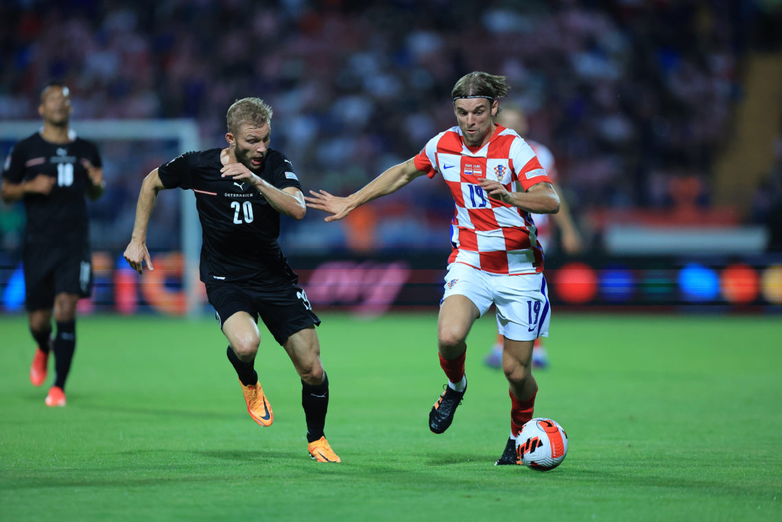 OSIJEK, CROATIA - JUNE 03: Konrad Laimer of Austria and Borna Sosa of Croatia in action during the UEFA Nations League League A Group 1 match betw...