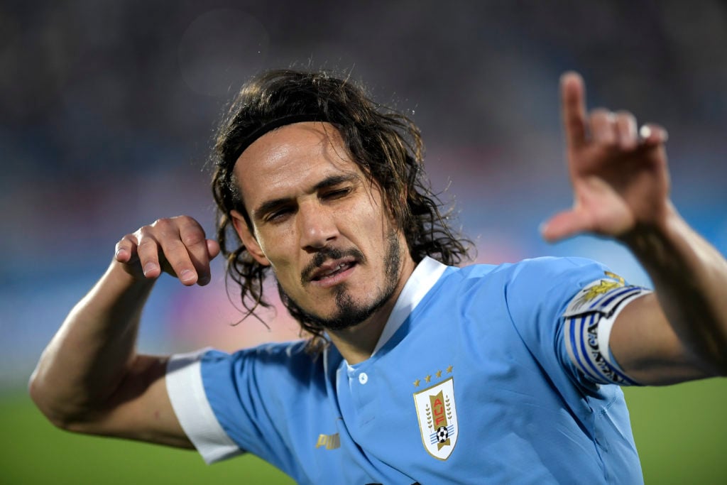 Edinson Cavani of Uruguay celebrates after scoring his team's first goal during the international friendly match between Uruguay and Panama at Cent...