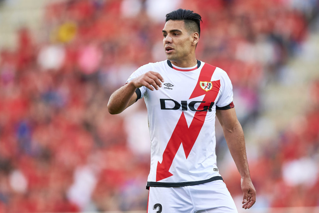 Rayo Vallecano's Radamel Falcao watches the LaLiga Santander match between RCD Mallorca and Rayo Vallecano at the Estadio de Son Moix on May 1...